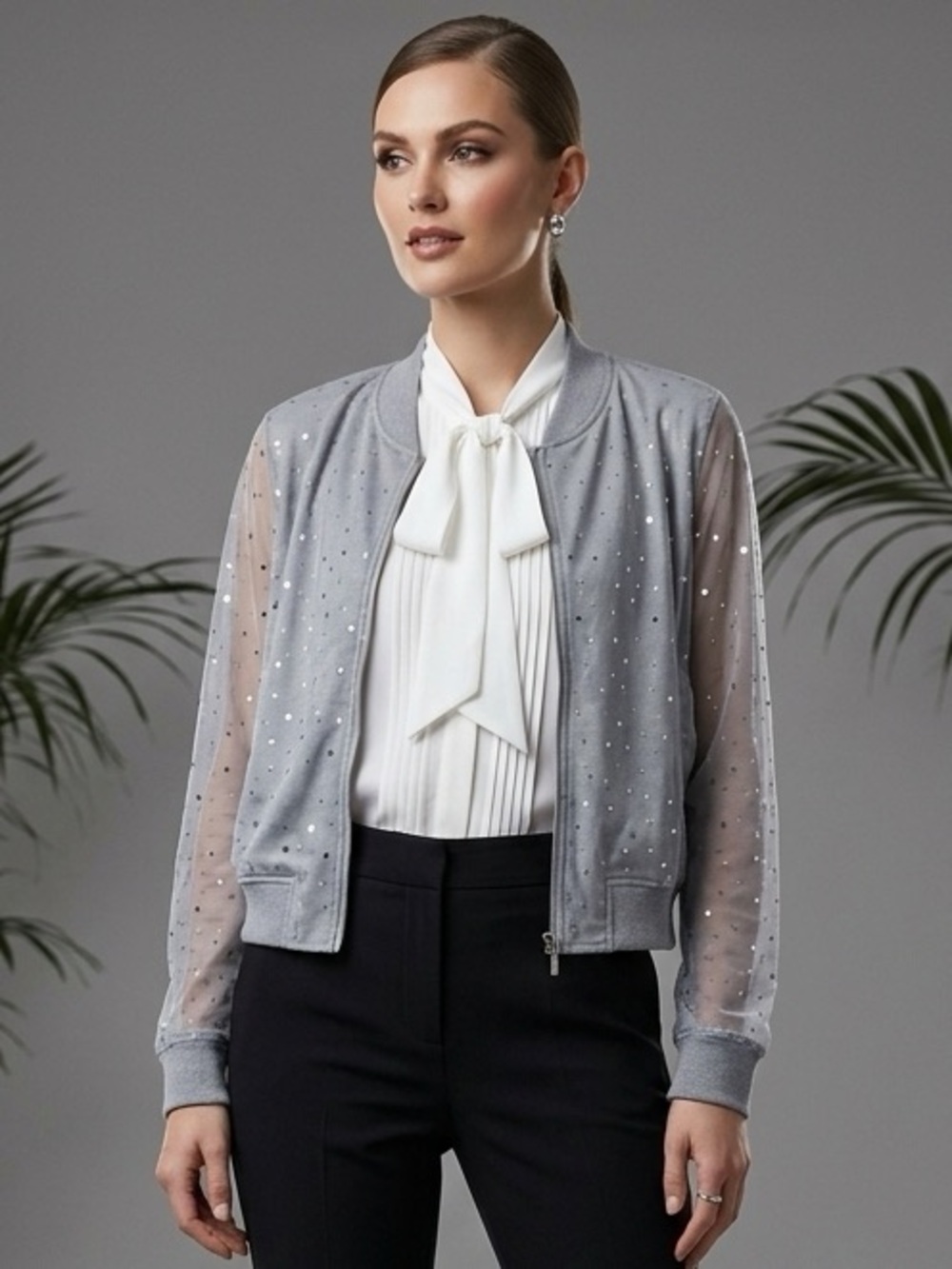 Italian Y.Two Women's Gray Sparkle Bomber Top size S/M sparkling palette sheer